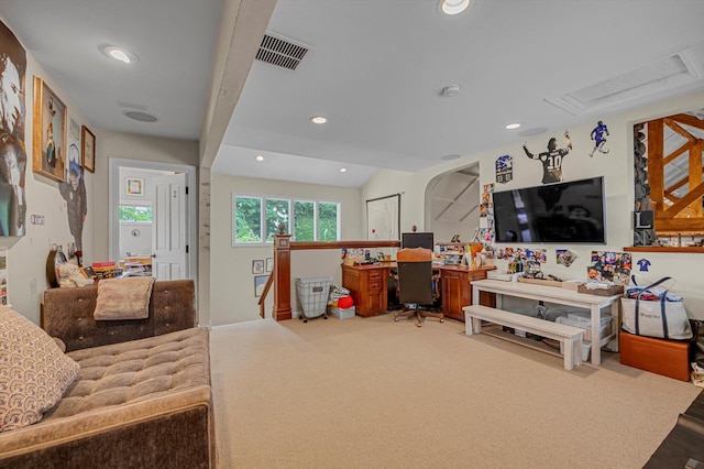 2 Aspen Pl, Great Neck, NY 11021 - living area with attic access, carpet flooring, recessed lighting, and an office area