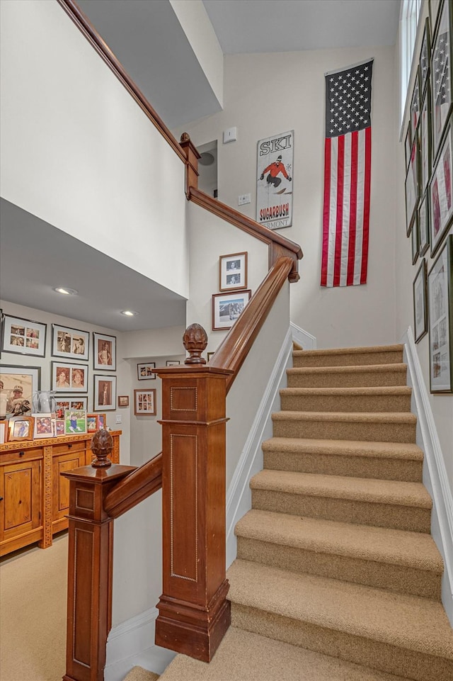 2 Aspen Pl, Great Neck, NY 11021 - stairway with carpet flooring, baseboards, and recessed lighting