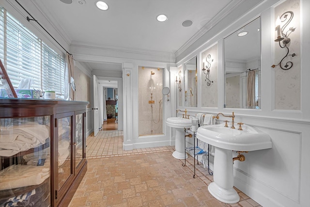 2 Aspen Pl, Great Neck, NY 11021 - full bath with walk in shower, crown molding, a decorative wall, and recessed lighting