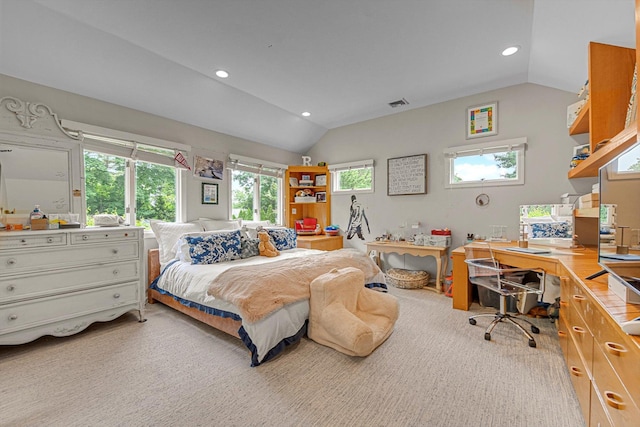 2 Aspen Pl, Great Neck, NY 11021 - bedroom with lofted ceiling, light colored carpet, a desk, and recessed lighting