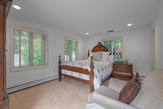 2 Aspen Pl, Great Neck, NY 11021 - carpeted bedroom featuring a baseboard heating unit, ornamental molding, and recessed lighting