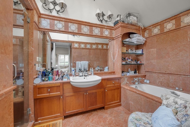 2 Aspen Pl, Great Neck, NY 11021 - bathroom featuring vanity, a garden tub, and a shower stall
