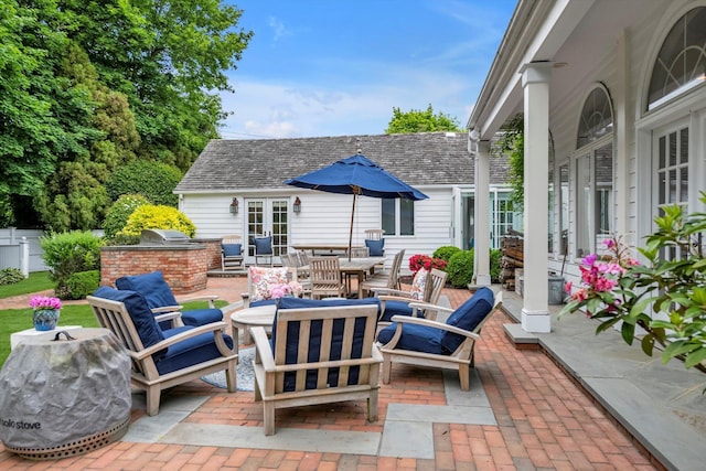2 Aspen Pl, Great Neck, NY 11021 - view of patio featuring area for grilling, french doors, an outdoor hangout area, and outdoor dining area