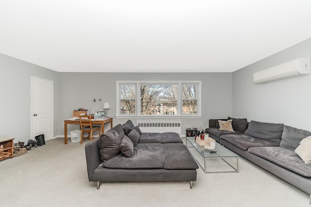 living room featuring radiator heating unit, carpet, and a wall mounted air conditioner