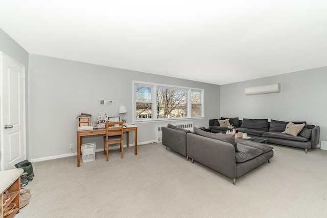 living area featuring radiator, light colored carpet, baseboards, and a wall mounted air conditioner