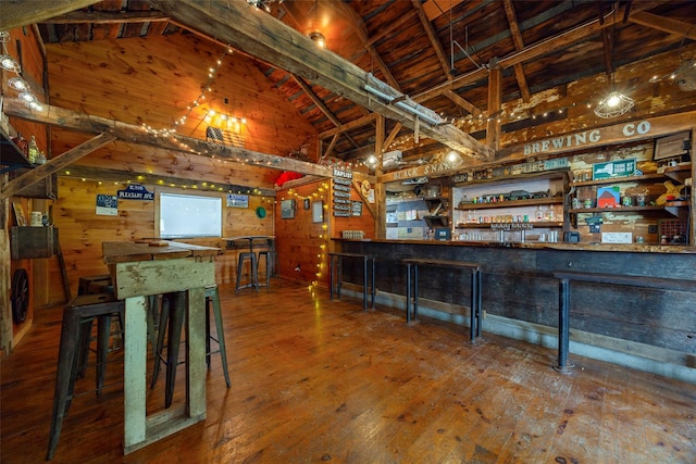 148 N Creek Rd, Staatsburg, NY 12580 - indoor dry bar with wooden walls, hardwood / wood-style floors, and high vaulted ceiling