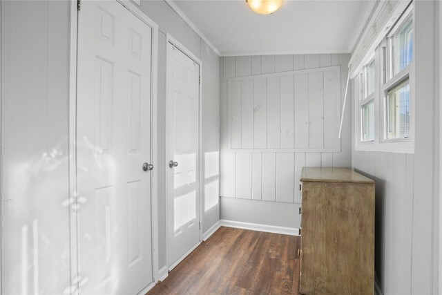 interior space with crown molding, baseboards, dark wood-style flooring, and wood walls