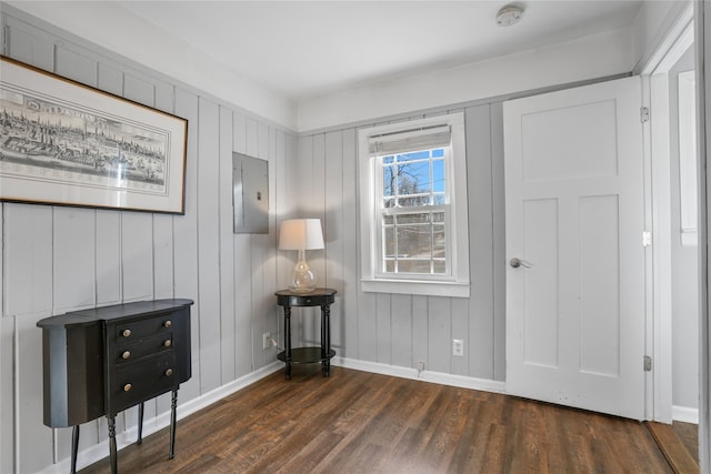 entryway with electric panel, baseboards, and wood finished floors