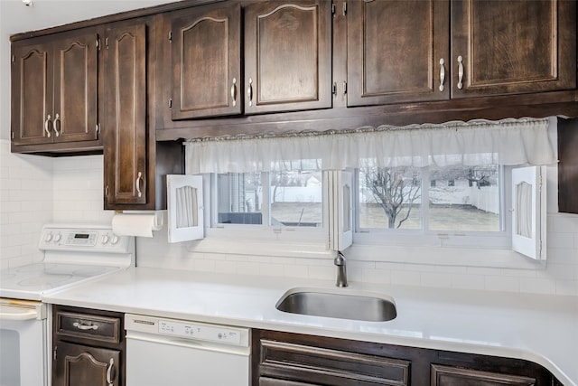 kitchen with tasteful backsplash, light countertops, a sink, dark brown cabinets, and white appliances