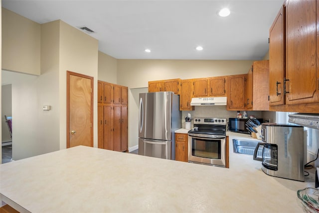 kitchen with visible vents, a peninsula, light countertops, under cabinet range hood, and appliances with stainless steel finishes