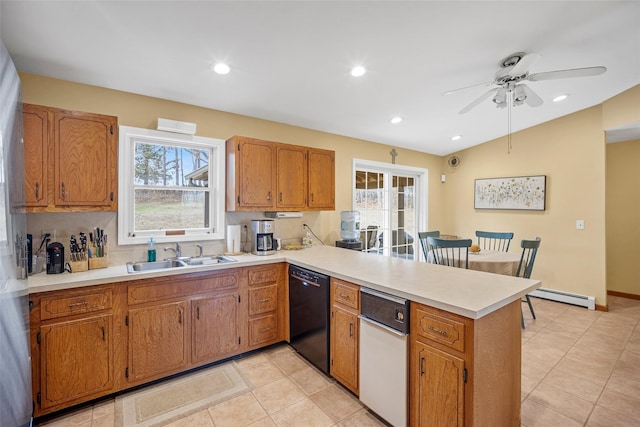 kitchen with a baseboard radiator, a peninsula, a sink, light countertops, and dishwasher