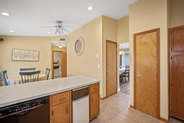 kitchen featuring visible vents, black dishwasher, recessed lighting, light countertops, and ceiling fan