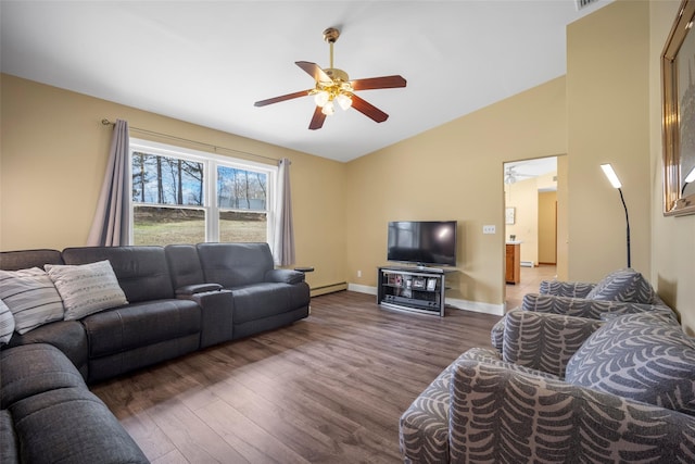 living room with vaulted ceiling, baseboards, ceiling fan, and wood finished floors