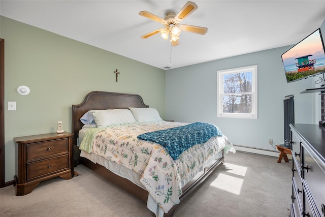 carpeted bedroom featuring baseboard heating and a ceiling fan