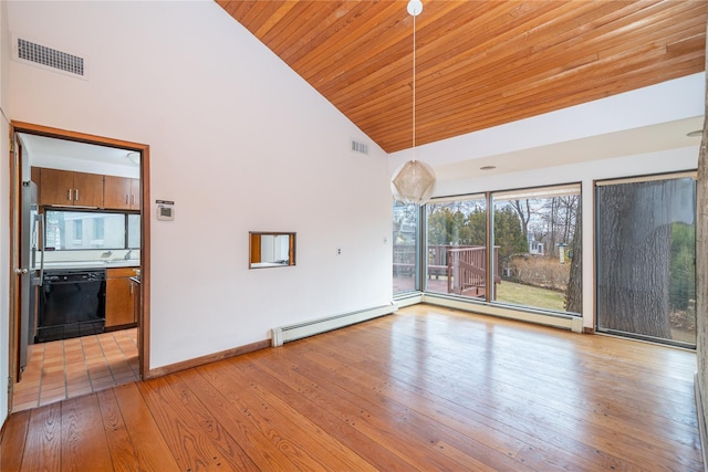 unfurnished living room featuring light wood-type flooring, visible vents, high vaulted ceiling, and baseboard heating