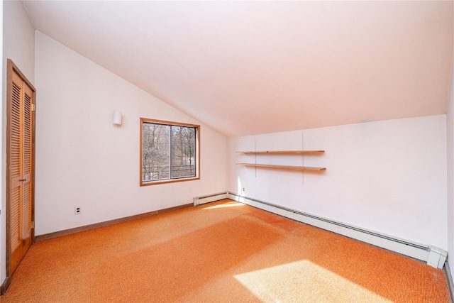 bonus room featuring baseboards, a baseboard radiator, lofted ceiling, and light carpet