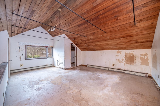 bonus room featuring a baseboard radiator, lofted ceiling, concrete flooring, and wooden ceiling