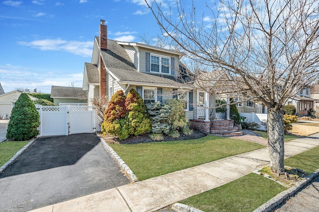 view of front of property with a chimney, a front yard, a gate, fence, and driveway