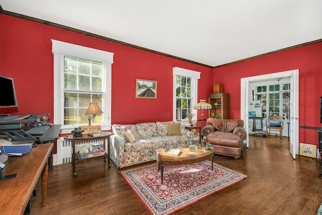 living room with ornamental molding and wood finished floors