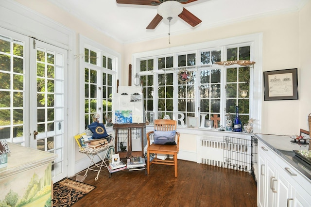 sunroom featuring radiator heating unit, a ceiling fan, and french doors