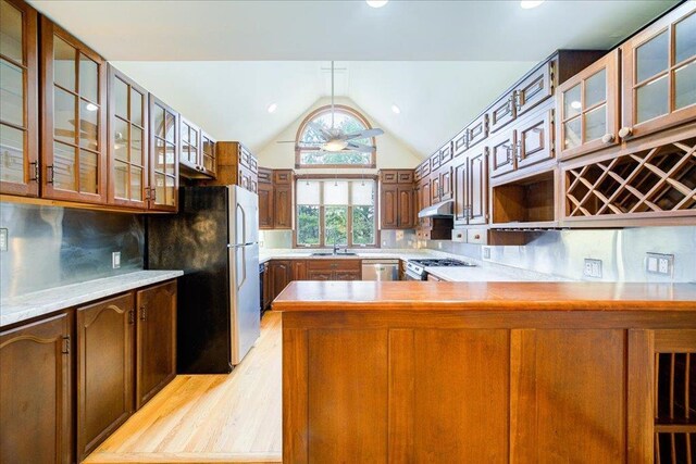 kitchen with appliances with stainless steel finishes, a sink, a peninsula, light wood-type flooring, and under cabinet range hood