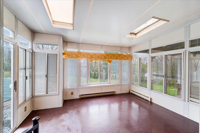 unfurnished sunroom with a skylight and a baseboard radiator