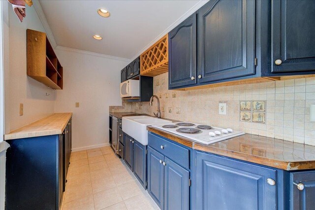 kitchen featuring crown molding, open shelves, white appliances, a sink, and blue cabinetry