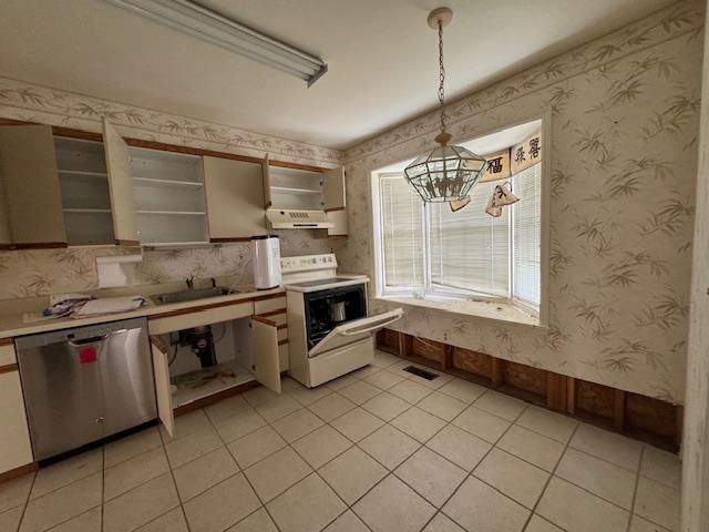 kitchen featuring electric stove, dishwasher, open shelves, and wallpapered walls