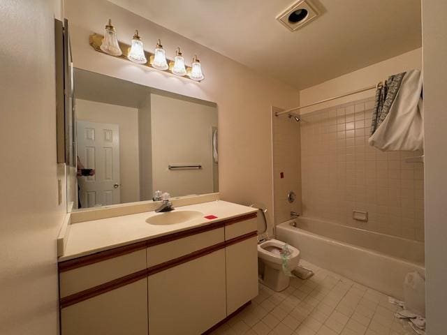 bathroom with toilet, shower / tub combination, tile patterned flooring, and vanity