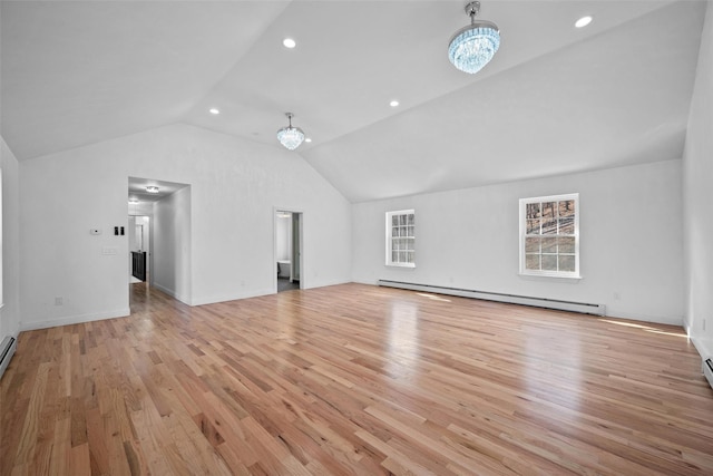 unfurnished living room featuring lofted ceiling, a baseboard heating unit, baseboards, light wood-type flooring, and an inviting chandelier