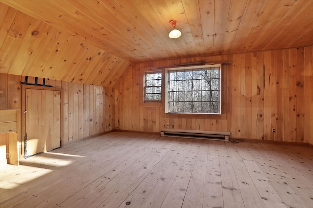 bonus room with wooden walls, lofted ceiling, hardwood / wood-style flooring, wood ceiling, and a baseboard heating unit