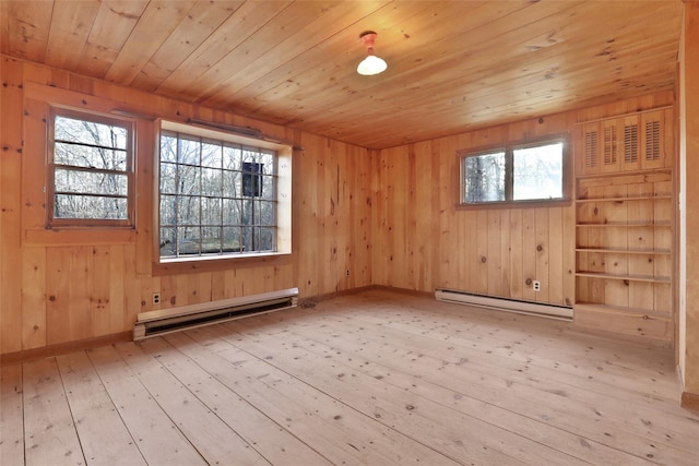 spare room featuring a baseboard heating unit, wood ceiling, wooden walls, and hardwood / wood-style floors