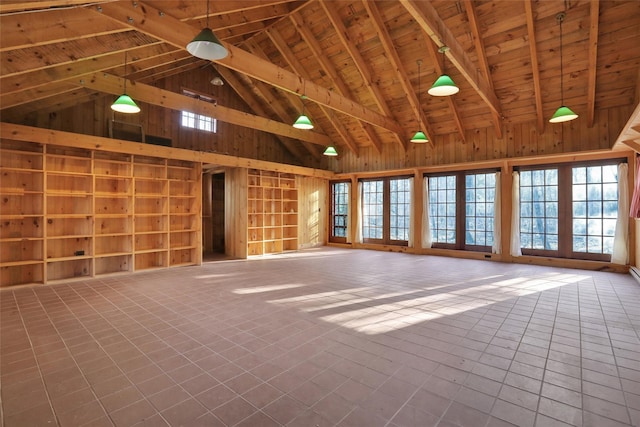 miscellaneous room featuring wood ceiling, wood walls, beam ceiling, and tile patterned floors