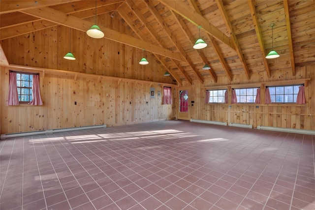 interior space with high vaulted ceiling, beam ceiling, wood walls, and baseboard heating