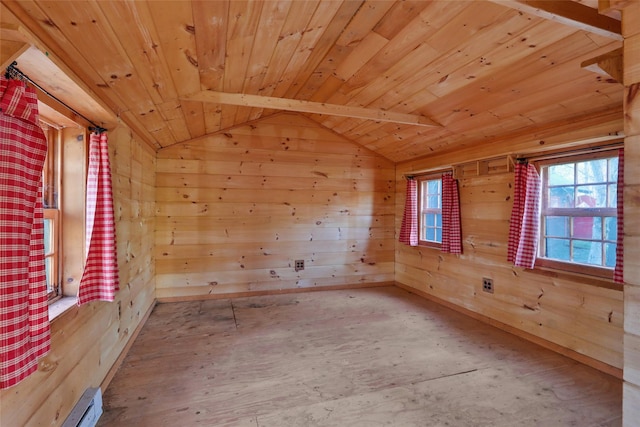 unfurnished room featuring lofted ceiling, wood walls, and wood ceiling