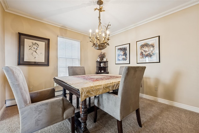 dining space featuring ornamental molding, a baseboard heating unit, carpet, baseboards, and a chandelier