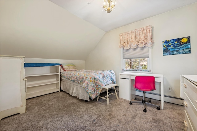 bedroom featuring lofted ceiling, carpet, and a baseboard radiator