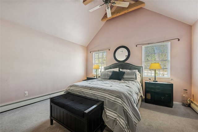 carpeted bedroom with baseboards, high vaulted ceiling, beam ceiling, ceiling fan, and a baseboard heating unit