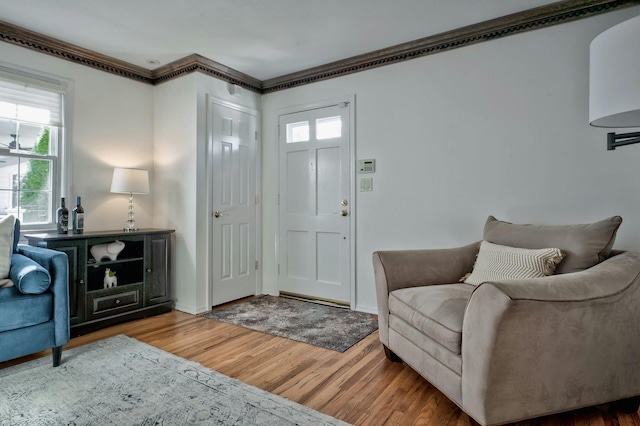 foyer entrance featuring baseboards, wood finished floors, and crown molding