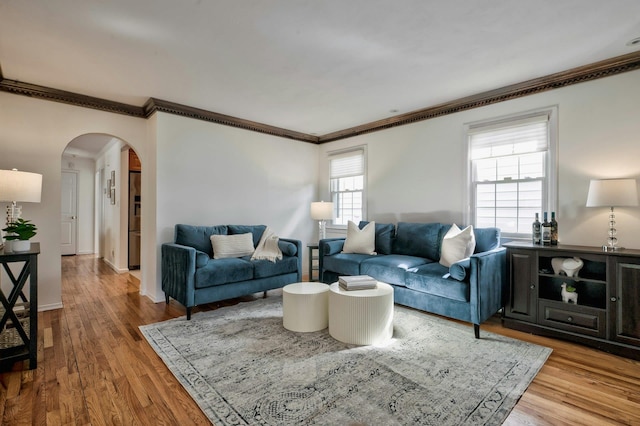 living area with a wealth of natural light, arched walkways, and wood finished floors