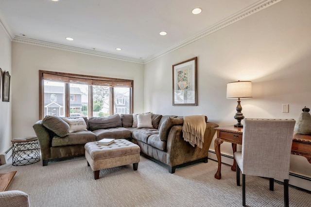 living room with recessed lighting, light colored carpet, and crown molding