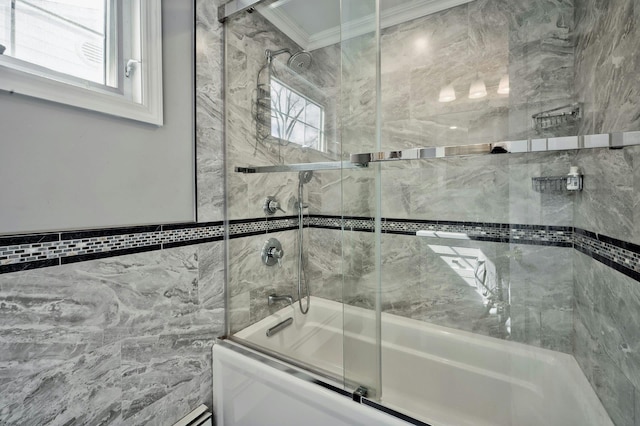 bathroom with enclosed tub / shower combo, tile walls, and crown molding