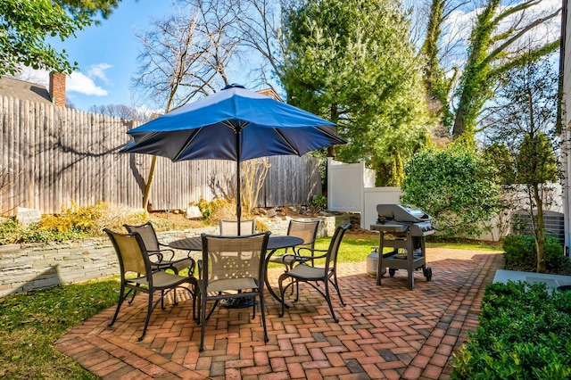 view of patio with outdoor dining area, a fenced backyard, and grilling area