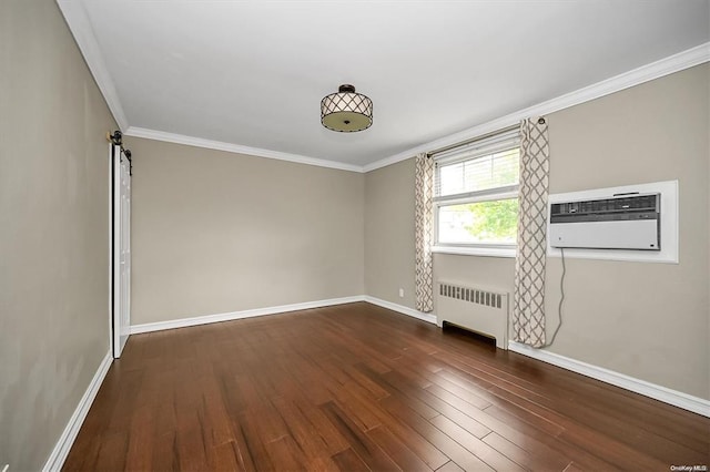 unfurnished room with dark wood-style flooring, baseboards, radiator, a wall mounted air conditioner, and crown molding