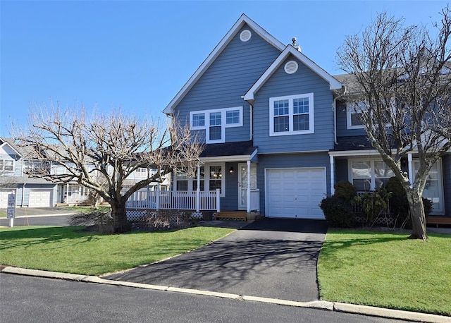 view of front facade with a porch, a front yard, an attached garage, and aphalt driveway