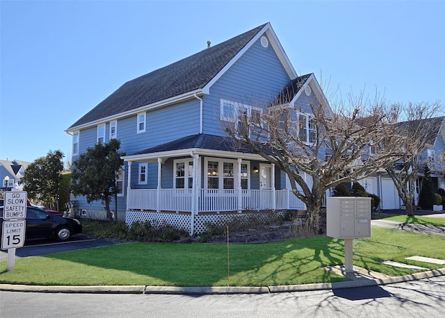 view of front of house with roof with shingles, a porch, and a front yard