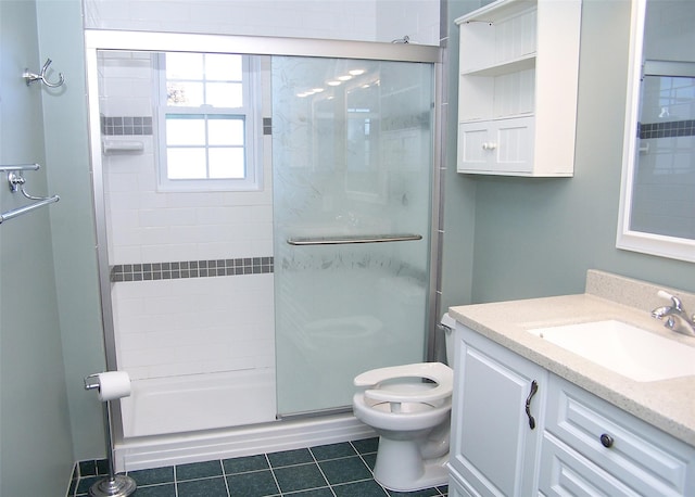 full bath with toilet, a shower stall, vanity, and tile patterned floors