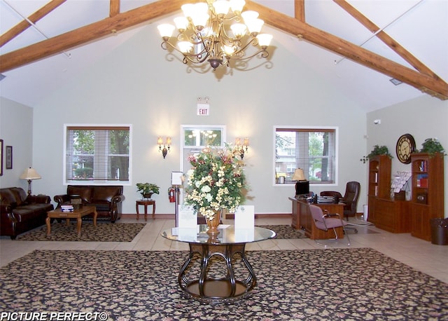 tiled living area featuring a wealth of natural light, baseboards, beam ceiling, and an inviting chandelier