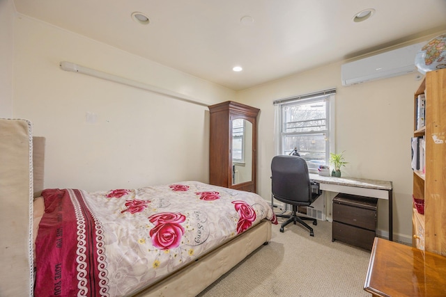 bedroom featuring carpet, a wall mounted air conditioner, and recessed lighting