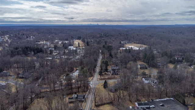 drone / aerial view with a wooded view